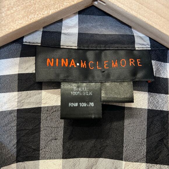 NINA MCLEMORE Silk Button Down Plaid Balck & White Dress/Jacket w/ pockets Sz S - Picture 2 of 8